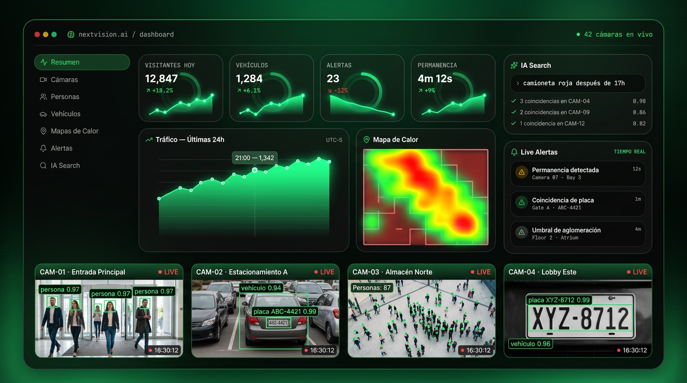 NEXTVISION IA — Plataforma de inteligencia artificial aplicada a video: detección de personas y vehículos, mapas de calor, alertas y IA Search en tiempo real
